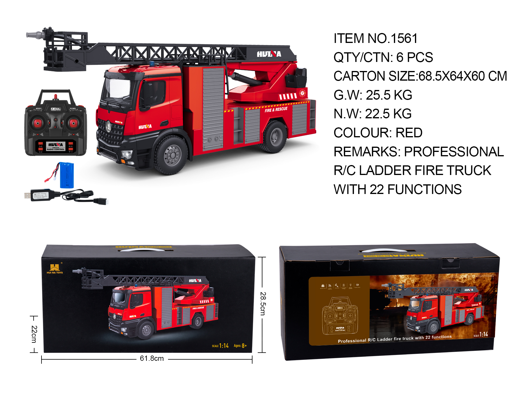 Huina 1561 1:14 Rc Simulation Fire Truck ( 2025 MODEL )