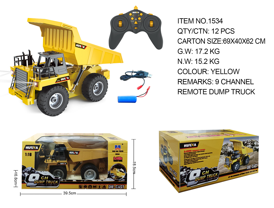 Huina 1534 1:18 Nine-channel Semi-alloy Remote Control Dump Truck (2025 MODEL )