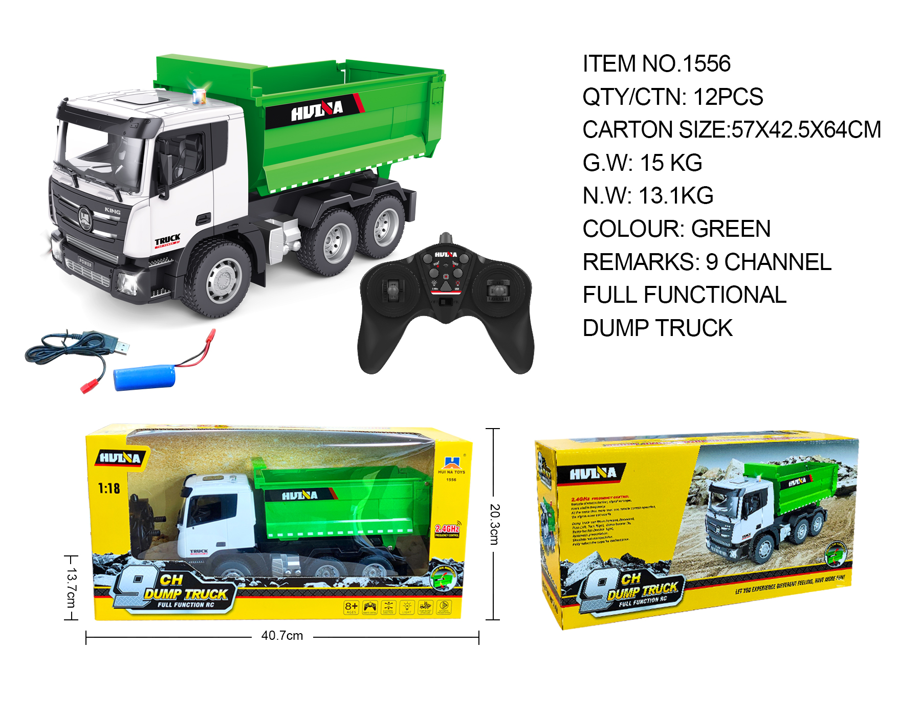 Huina 1556  1：18  9-channel Remote Control Dump Truck Tipper (2024 Model )