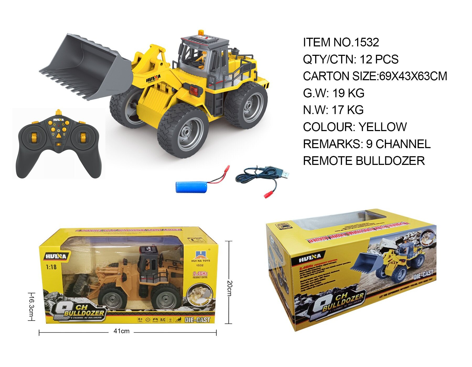 Huina 1532 1：18  Nine-channel semi-alloy Remote Control Bulldozer (2024 Model )