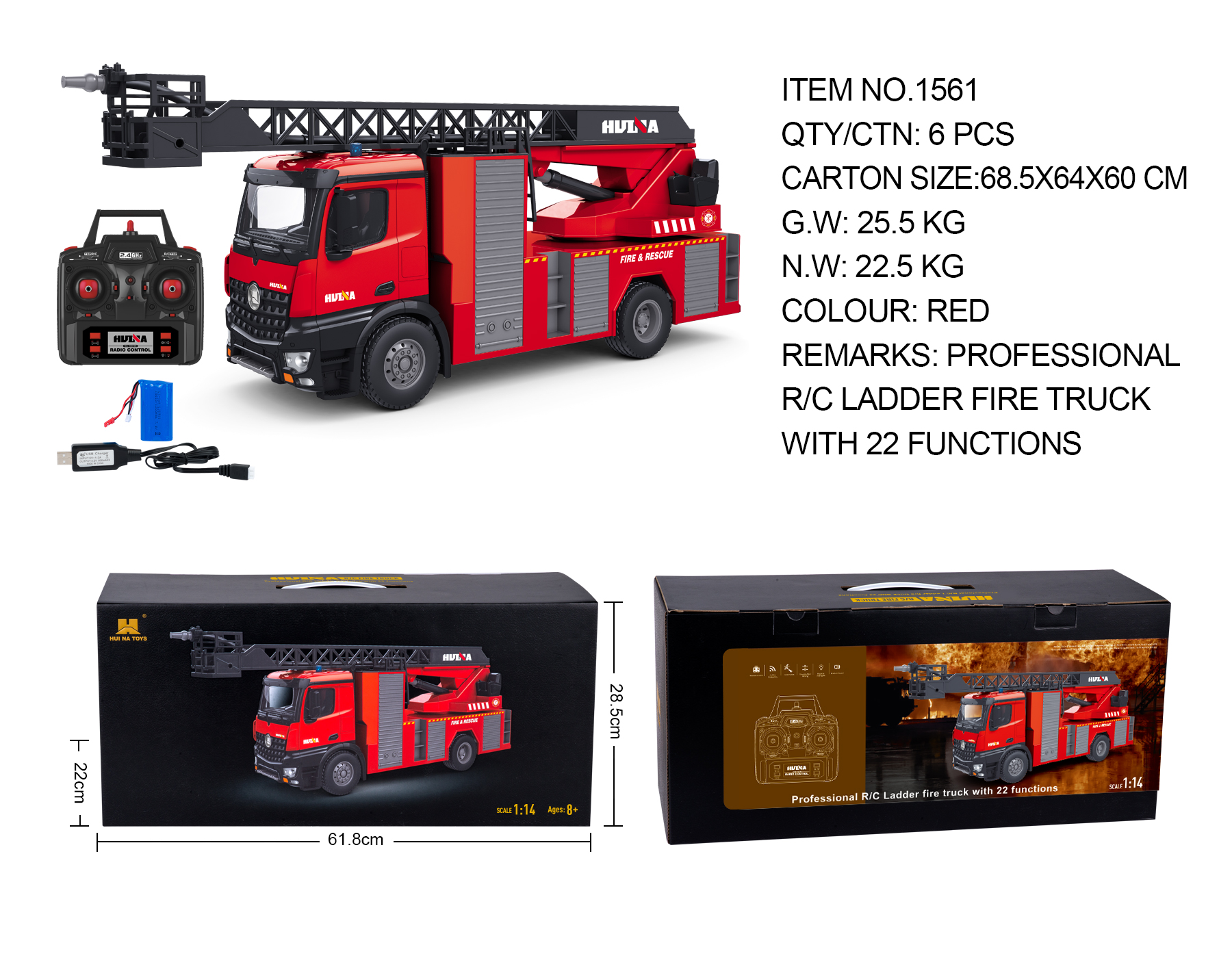 Huina 1561 1:14 Rc Simulation Fire Truck (2024 Model)